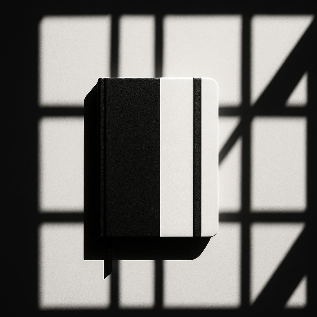A black and white journal placed in front of shadows cast by windows.