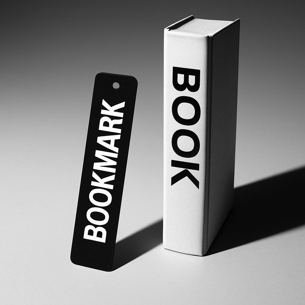 A bookmark leaning against a book with "BOOKMARK" and "BOOK" printed on it against a grey background.