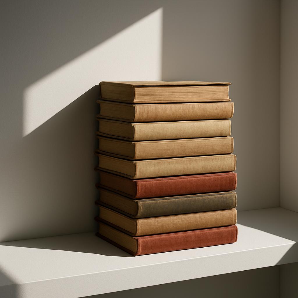 A stack of books in various earth tones leans against a wall, with natural light casting a shadow.