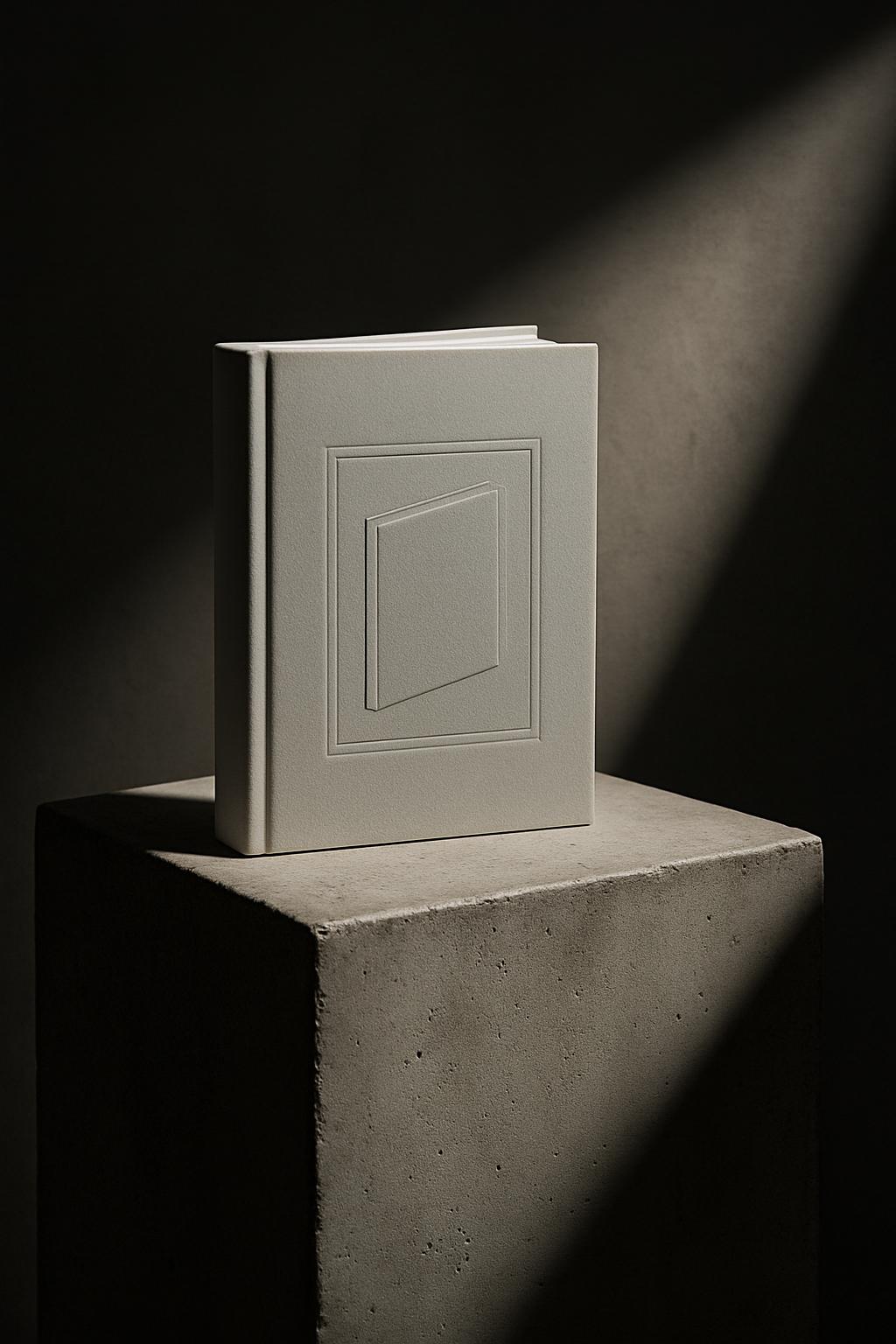 A light gray, hardcover book with a square design on the front, placed upon a grey, stone-like block in a spotlight.